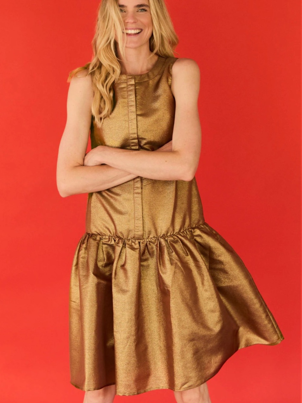 Buru Gold Metallic Drop Waist Sleeveless Dress New S